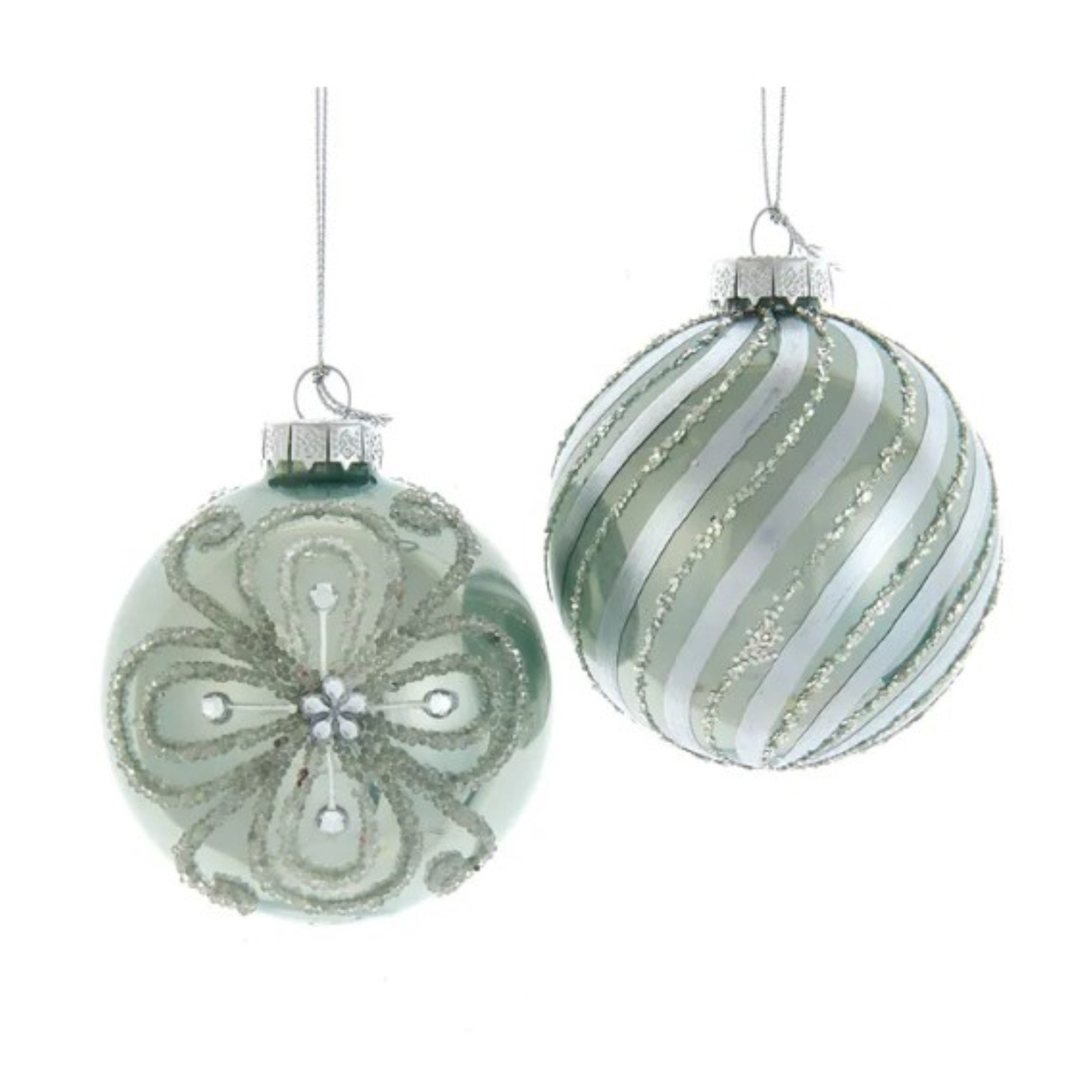 Kurt Adler Embellished Glass Ball Ornaments, Silver/Pale Aqua, 6-Piece Box, 80MM