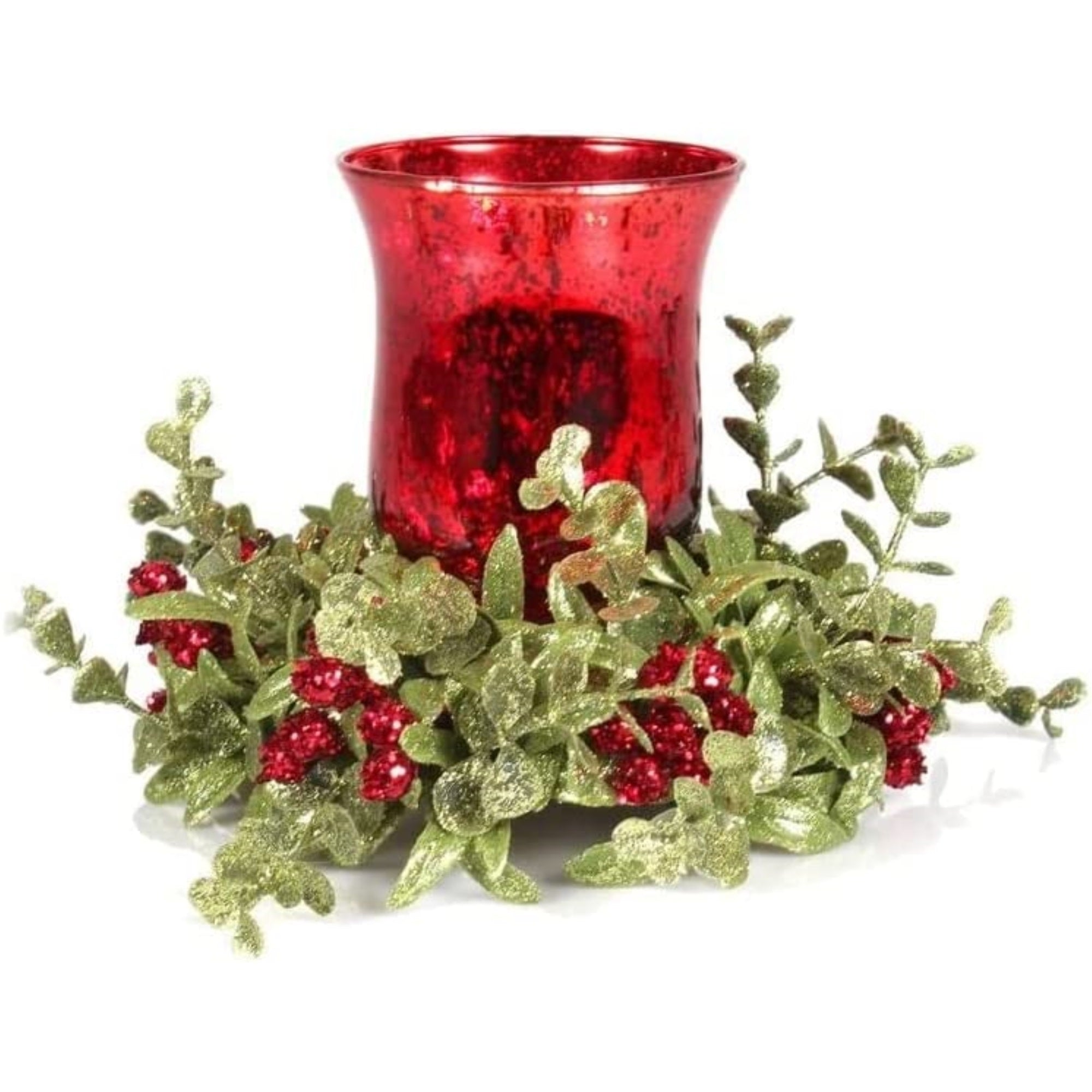 Ganz Kissing Krystals Small Mecury Glass Hurrican Tea Light Candle Holder and Mistletoe Set , Red