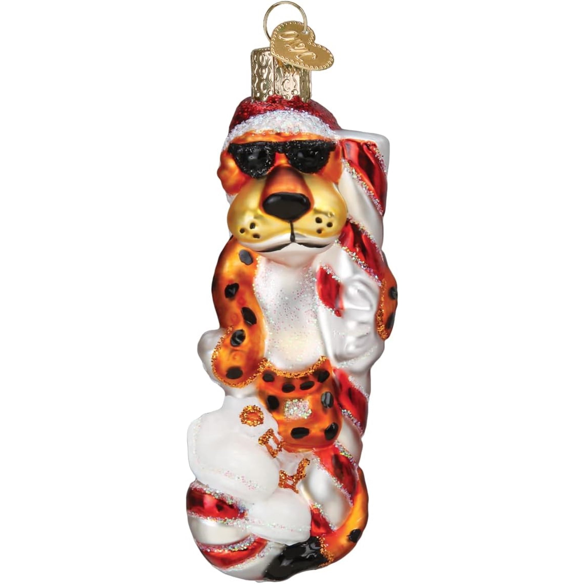 Old World Christmas Chester Cheetah On Candy Cane Blown Glass Holiday Ornament