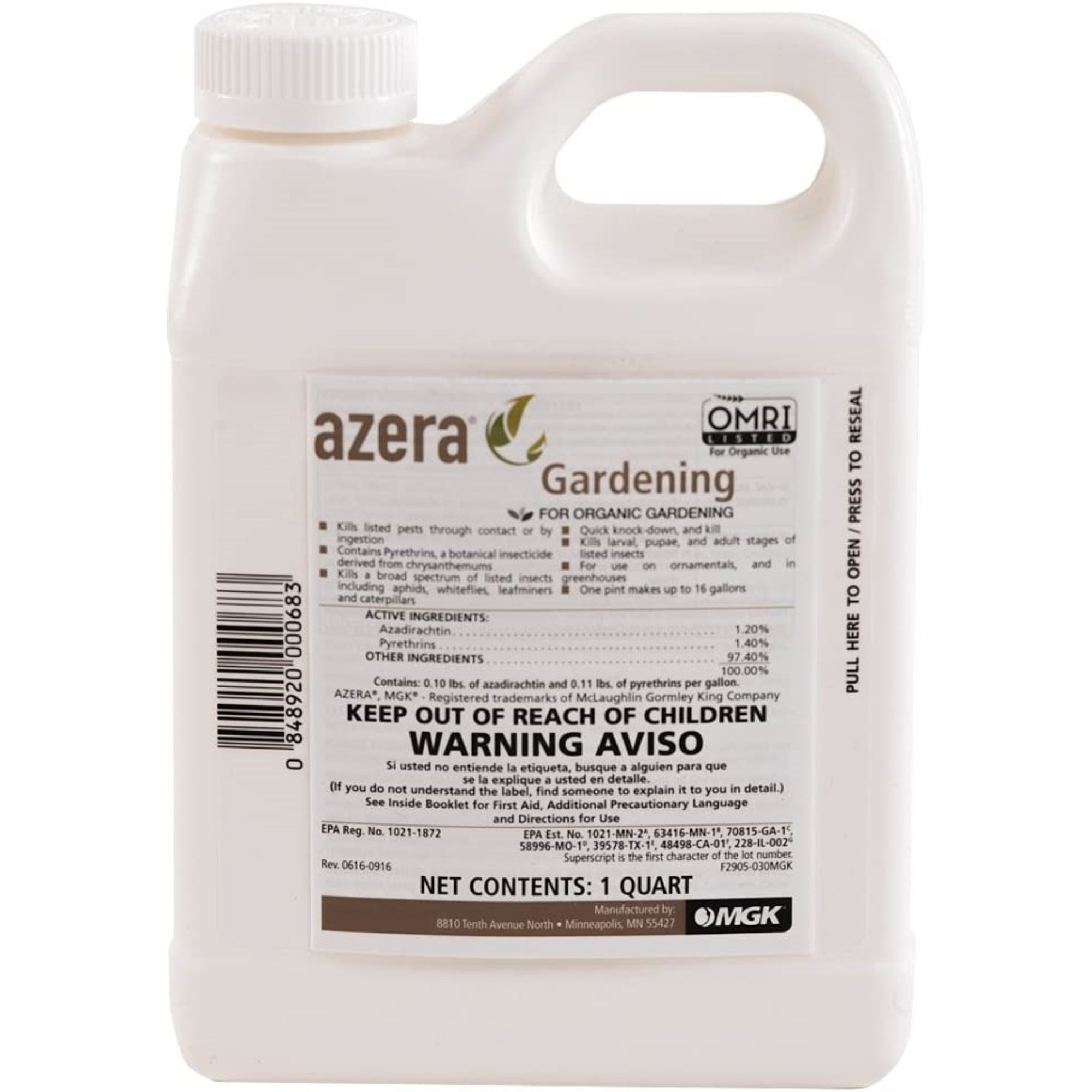 Azera Gardening Organic Dual Action Azadirachtin/Pyrethrin Insecticidal Concentrate, 32 Ounces