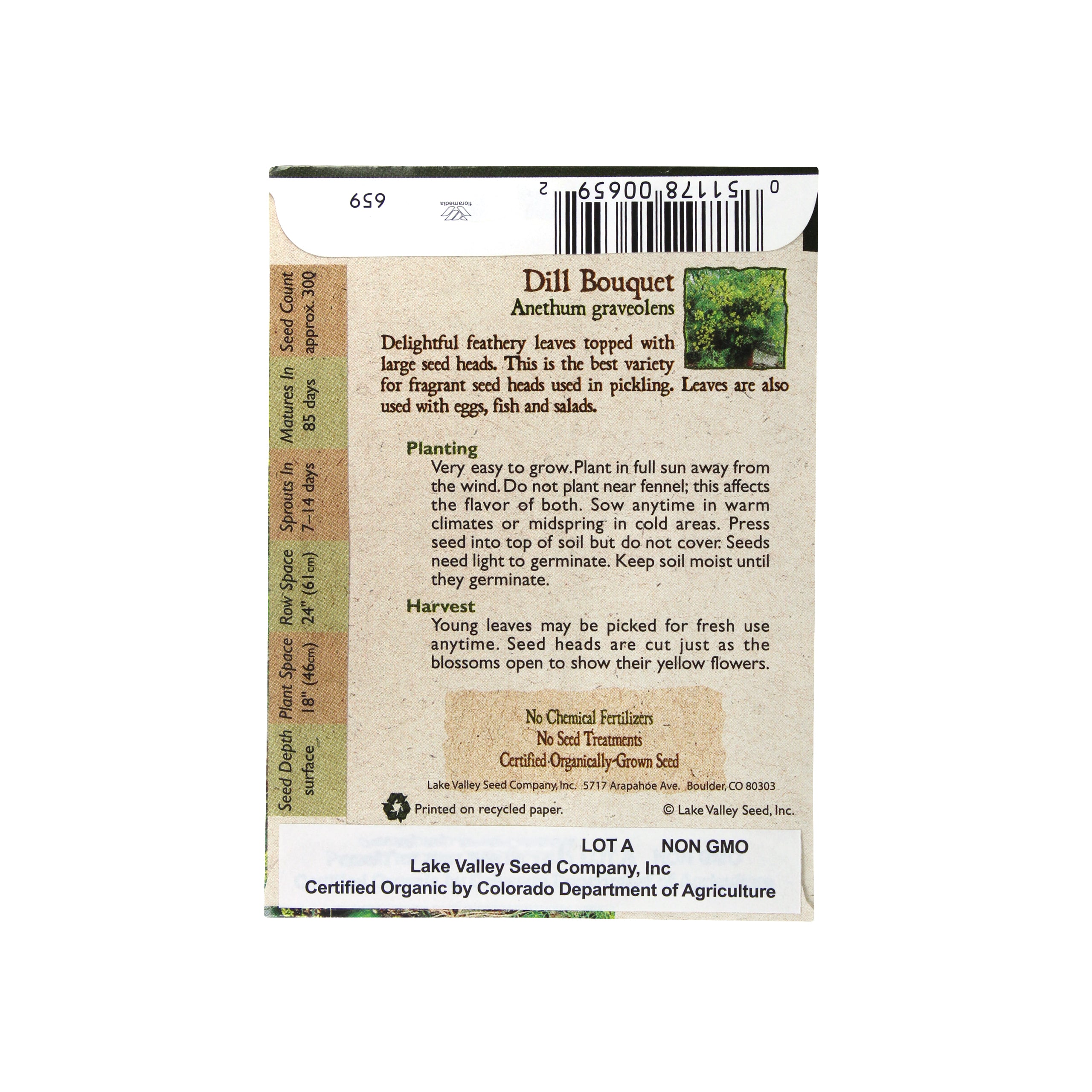 Lake Valley Seed Dill Organic Bouquet Heirloom Herb Seeds, 0.50g