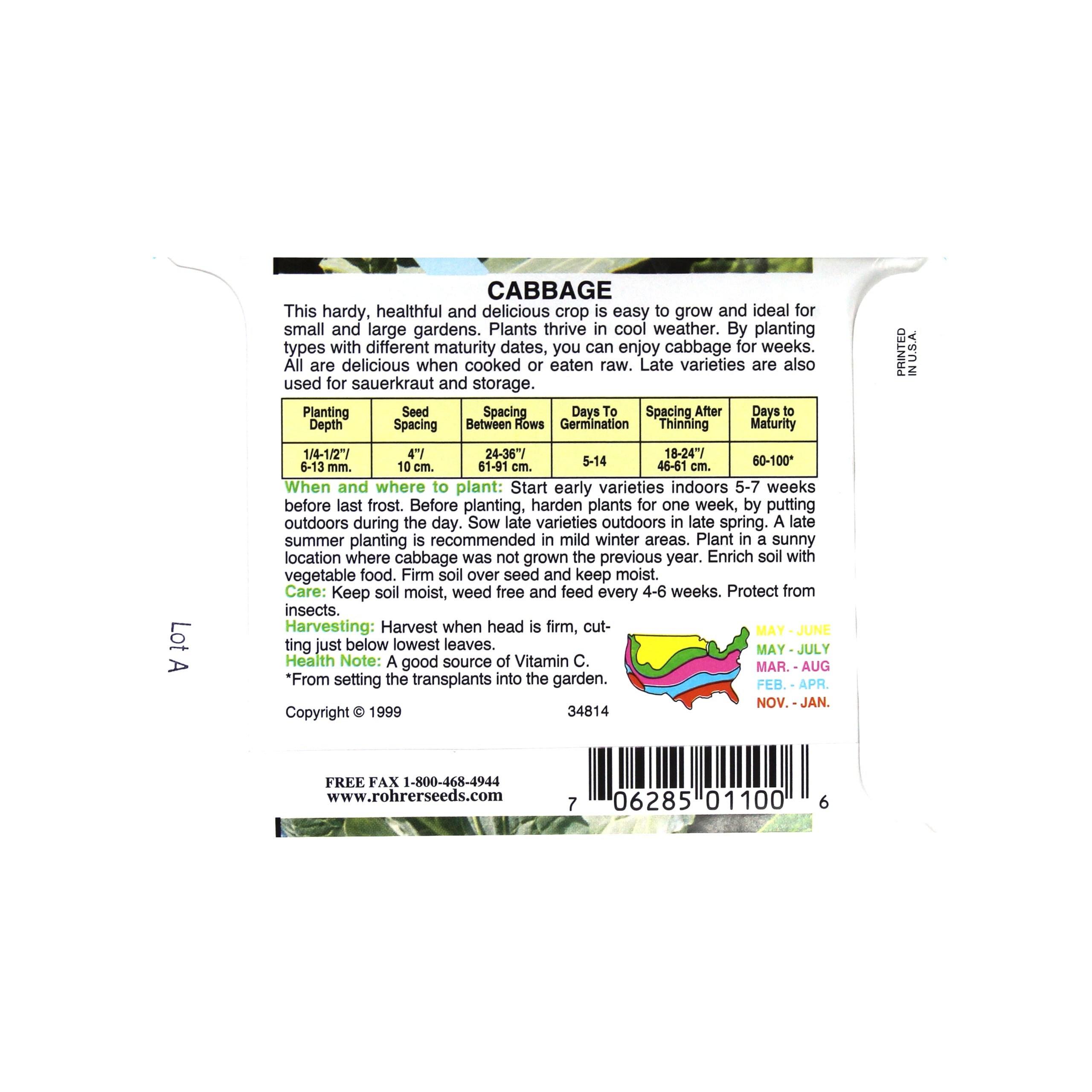 Rohrer Seeds Cabbage, Late Flat Dutch Heirloom, 2.5g, Approx 600 Seeds/Packet