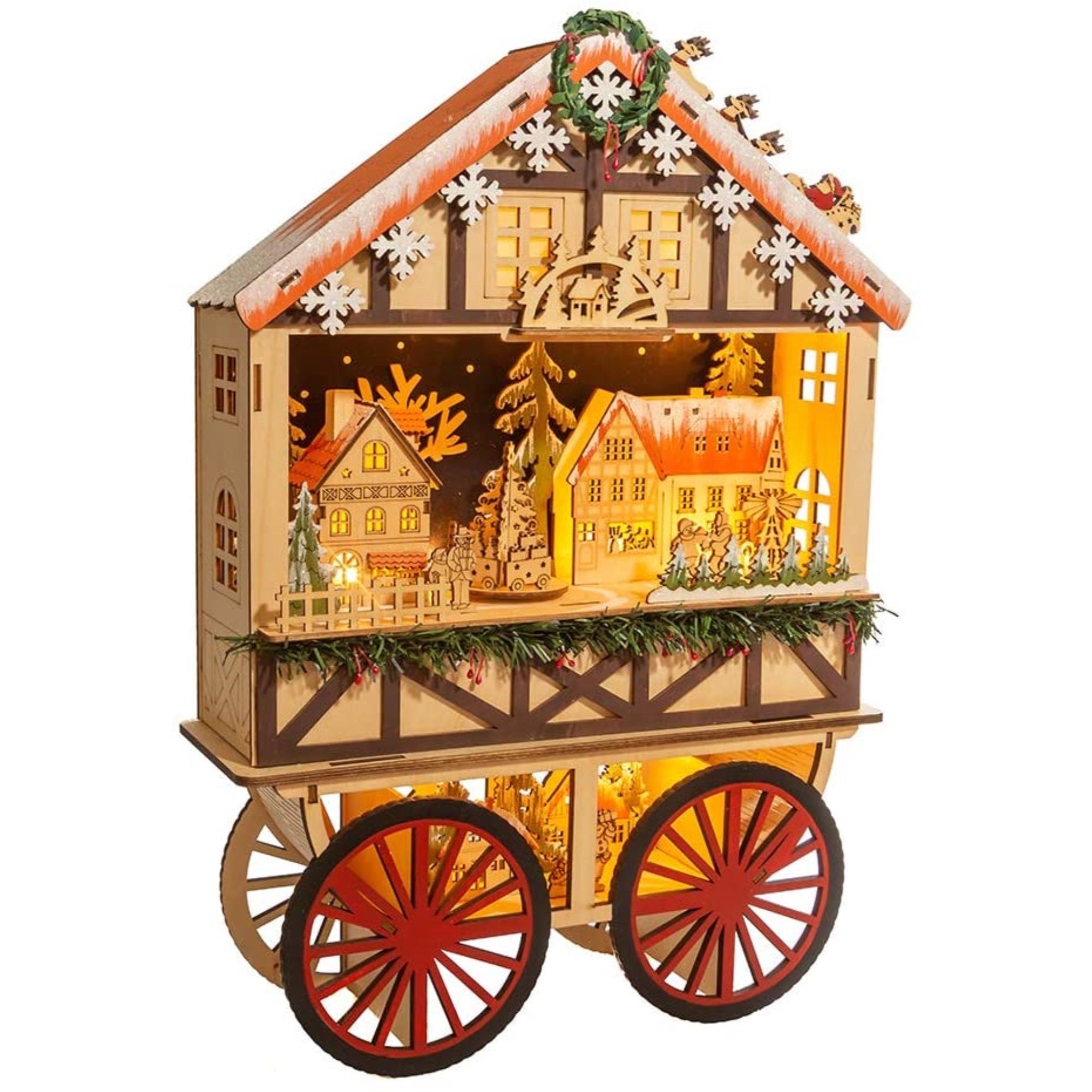 Kurt Adler Battery-Operated, Light up, Wood Wagon with Santa, Christmas Village