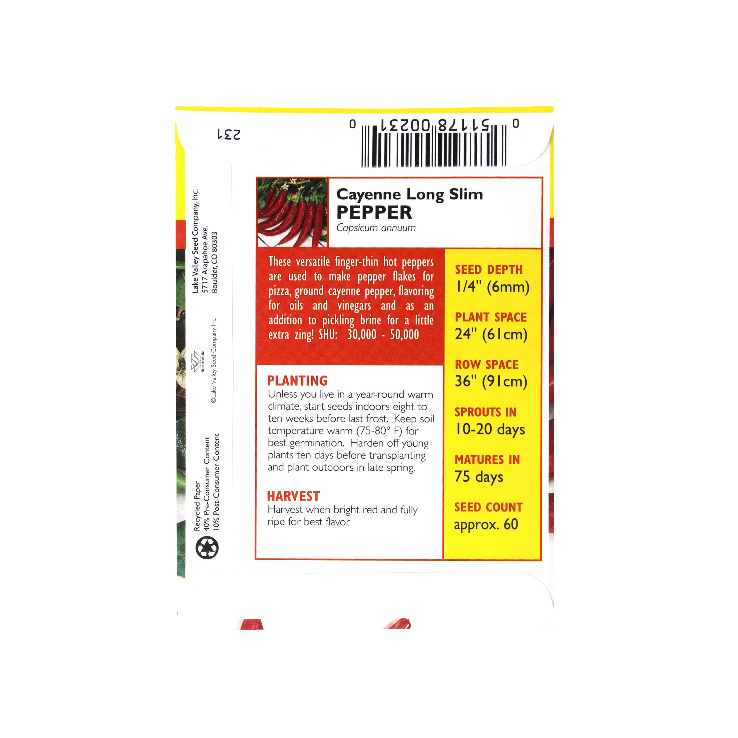 Lake Valley Seed Pepper, Hot Cayenne Heirloom, 0.35g