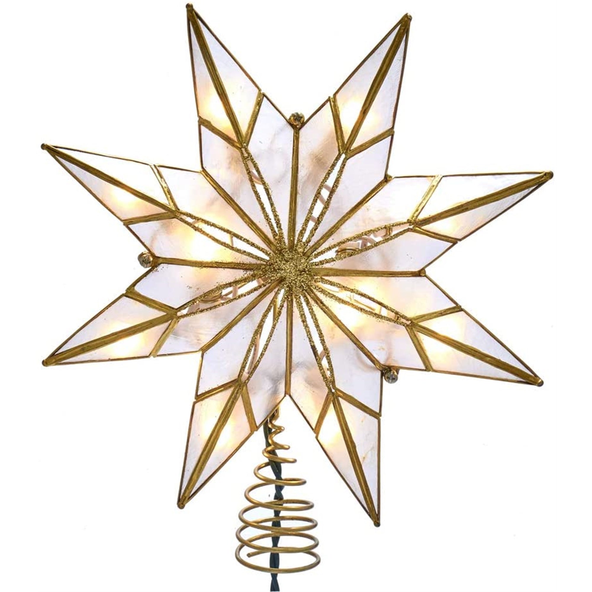 Kurt Adler 10-Light 8-Point Capiz Star Treetop, Gold &  White, 9.5"