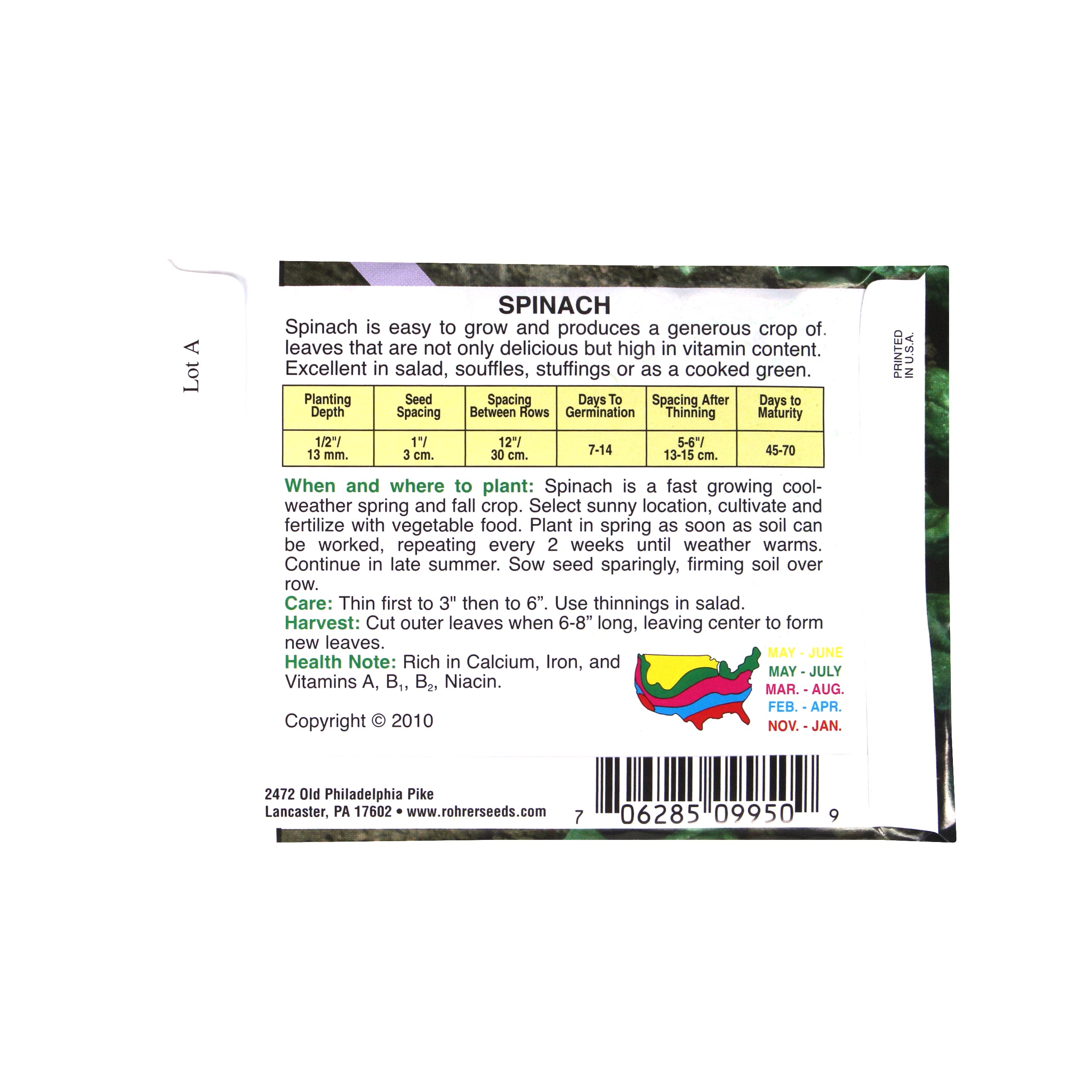 Rohrer Seeds Spinach, Olympia Hybrid, 2.5g, Approx 200 Seeds/Packet