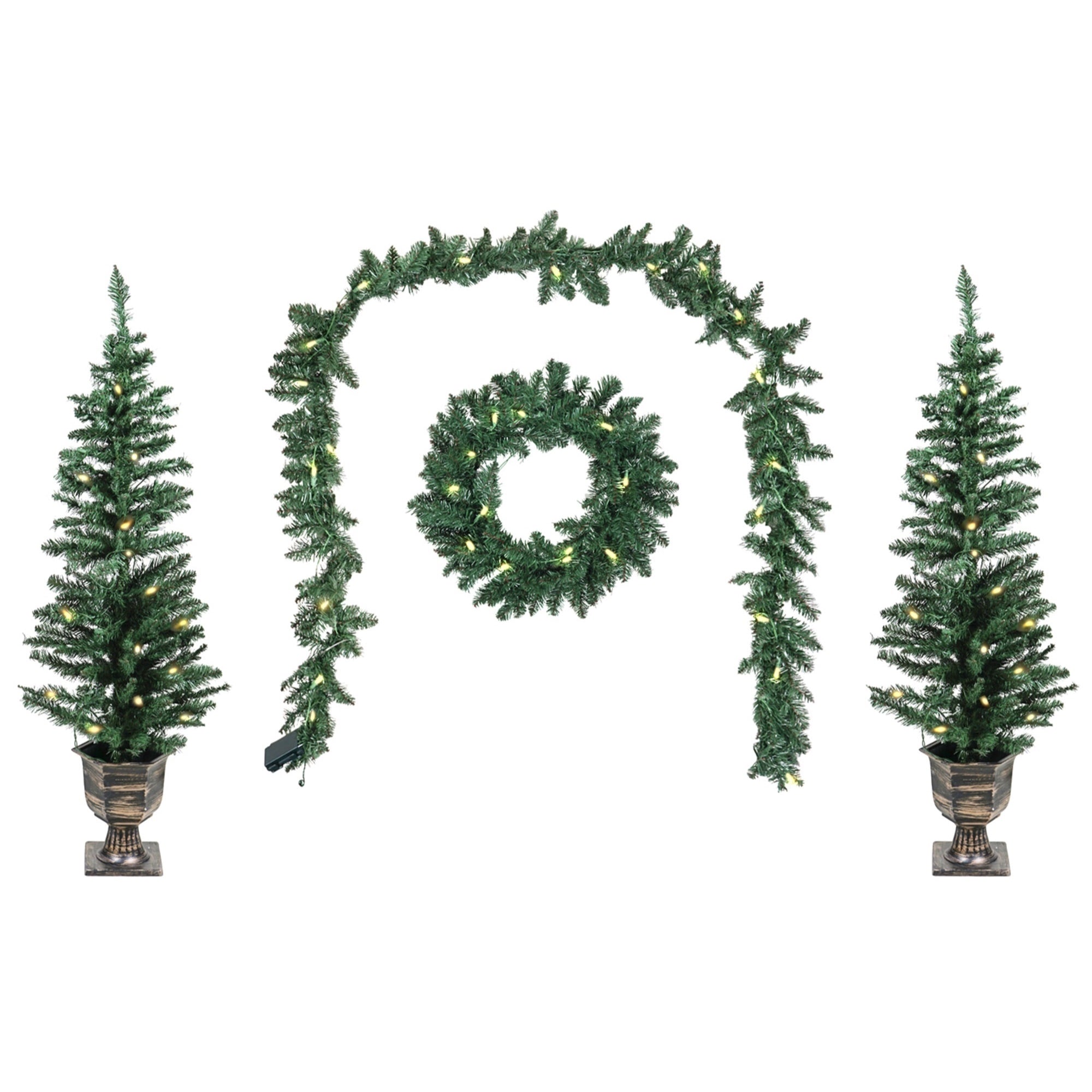 Good Tidings Classic Holiday 4- Piece Porch Set, Lit Wreath, Garland and 2 Trees