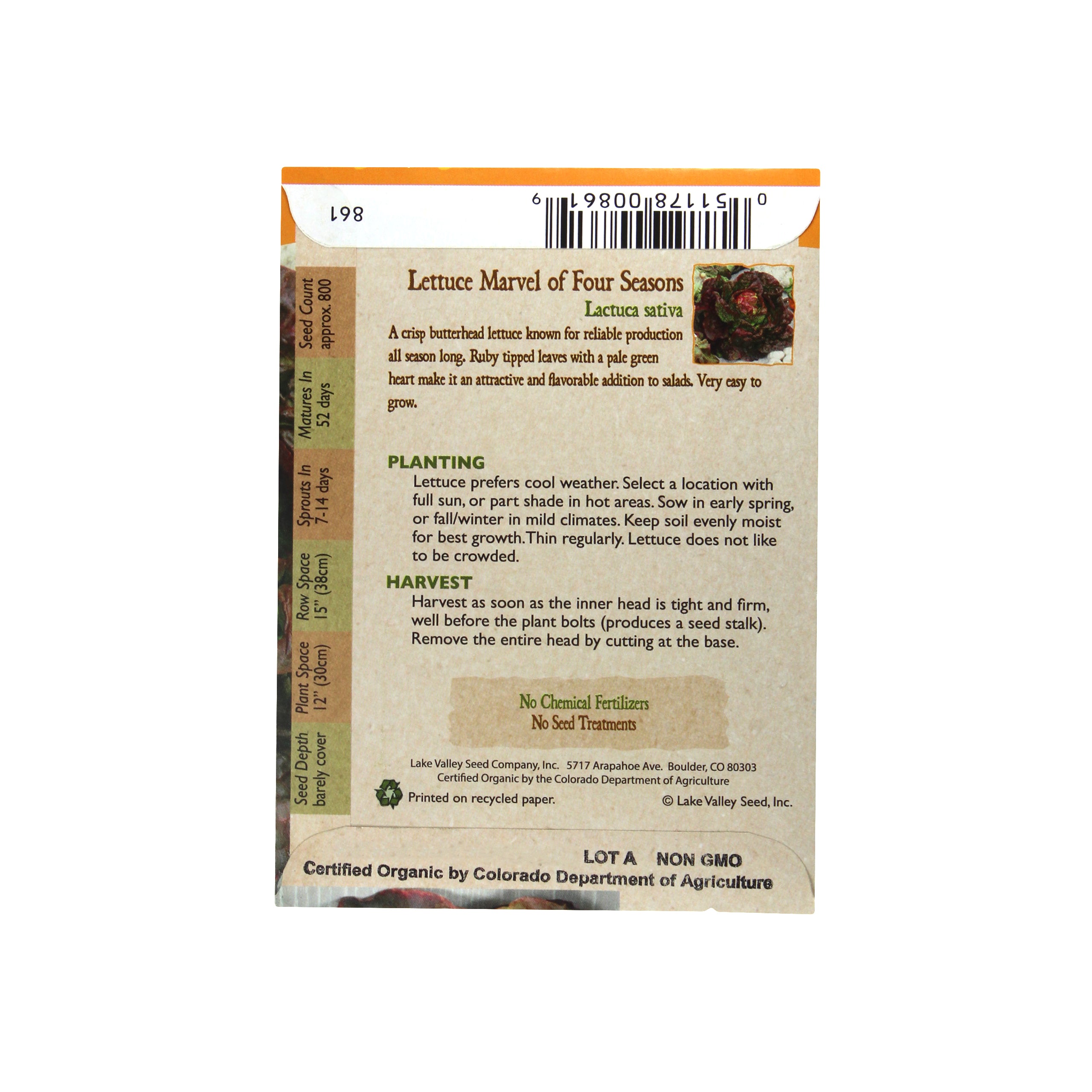 Lake Valley Seed Lettuce Organic Marvel of 4 Season Vegetable Seeds