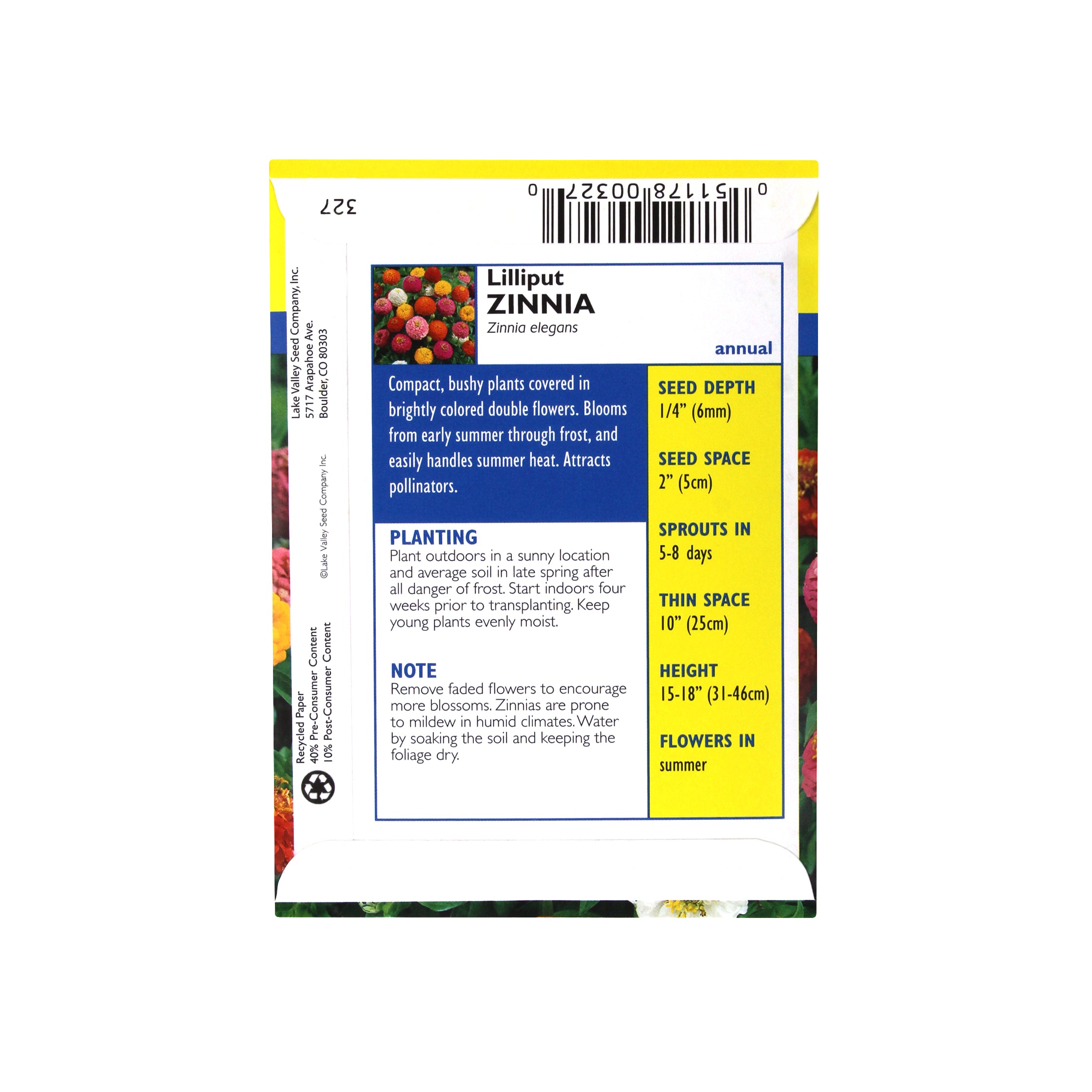 Lake Valley Seed Zinnia, Lilliput Mixed Colors Heirloom, 0.75g