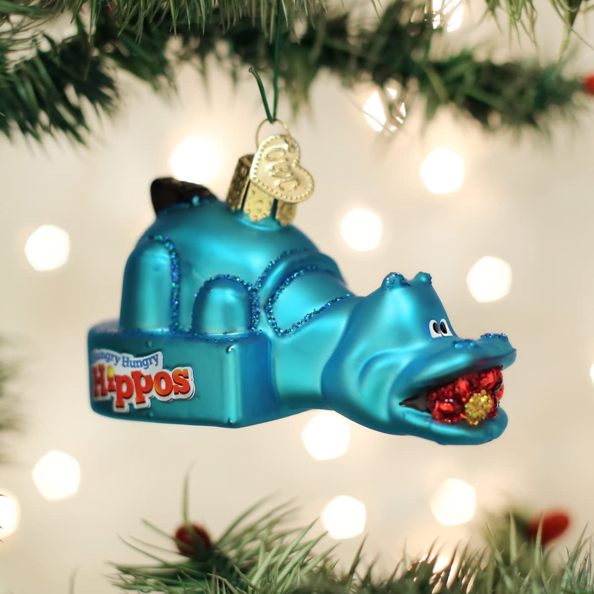 Old World Christmas Glass Blown Hungry Hungry Hippos Ornament Blue, 3.5"