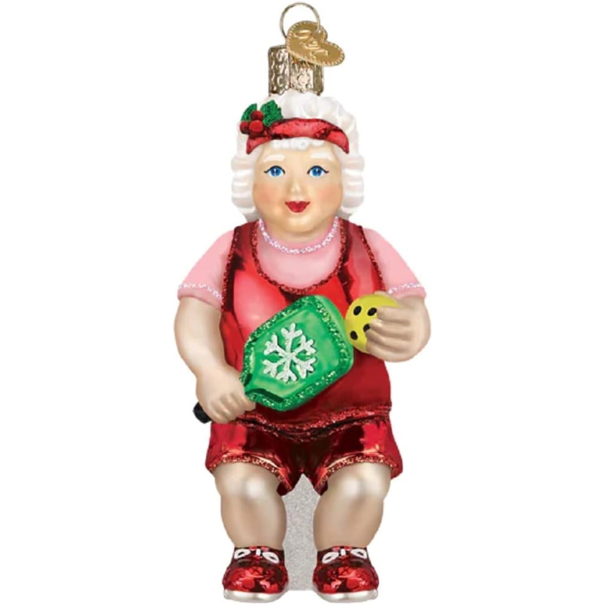 Old World Christmas Pickleball Mrs. Claus Blown Glass Holiday Ornament