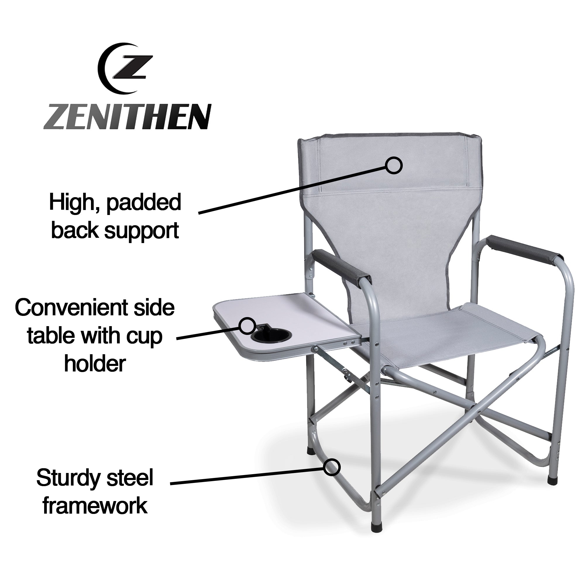 Zenithen Portable Outdoor Directors Folding Chair with Side Table, Light Gray