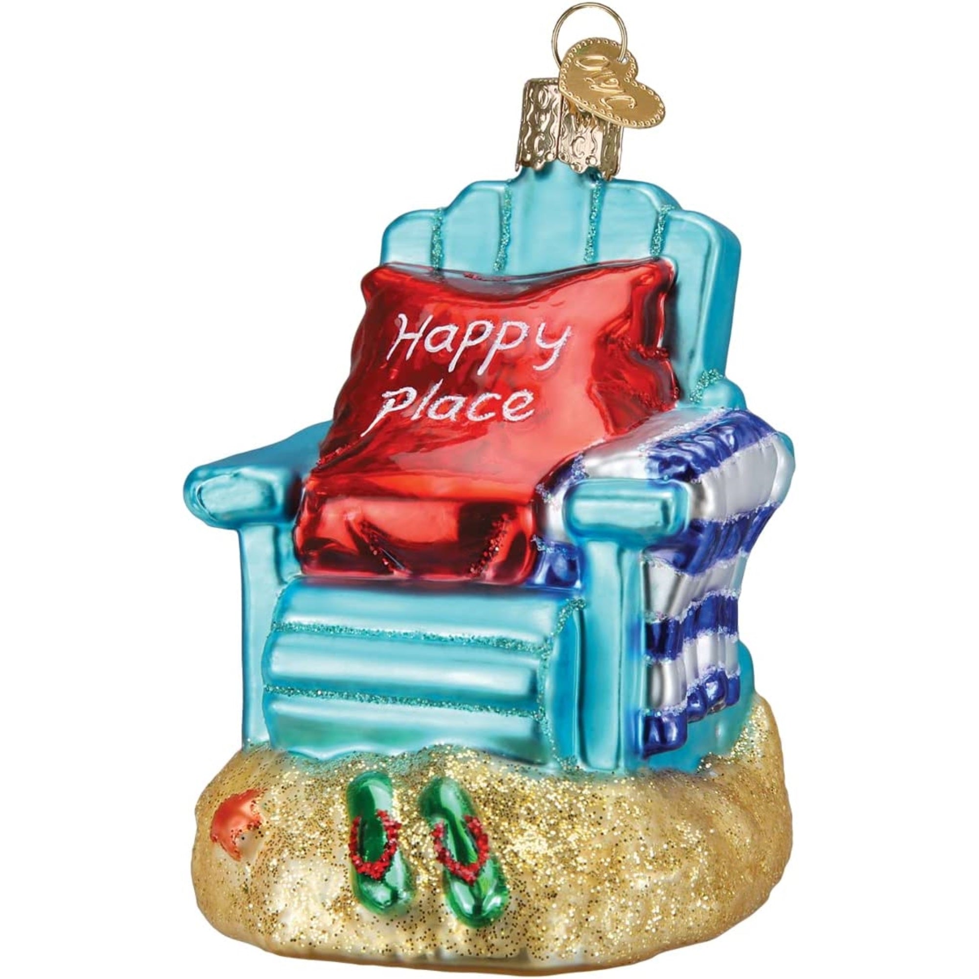 Old World Christmas Glass Blown "Happy Place" Beach Chair Ornament, 3.5"