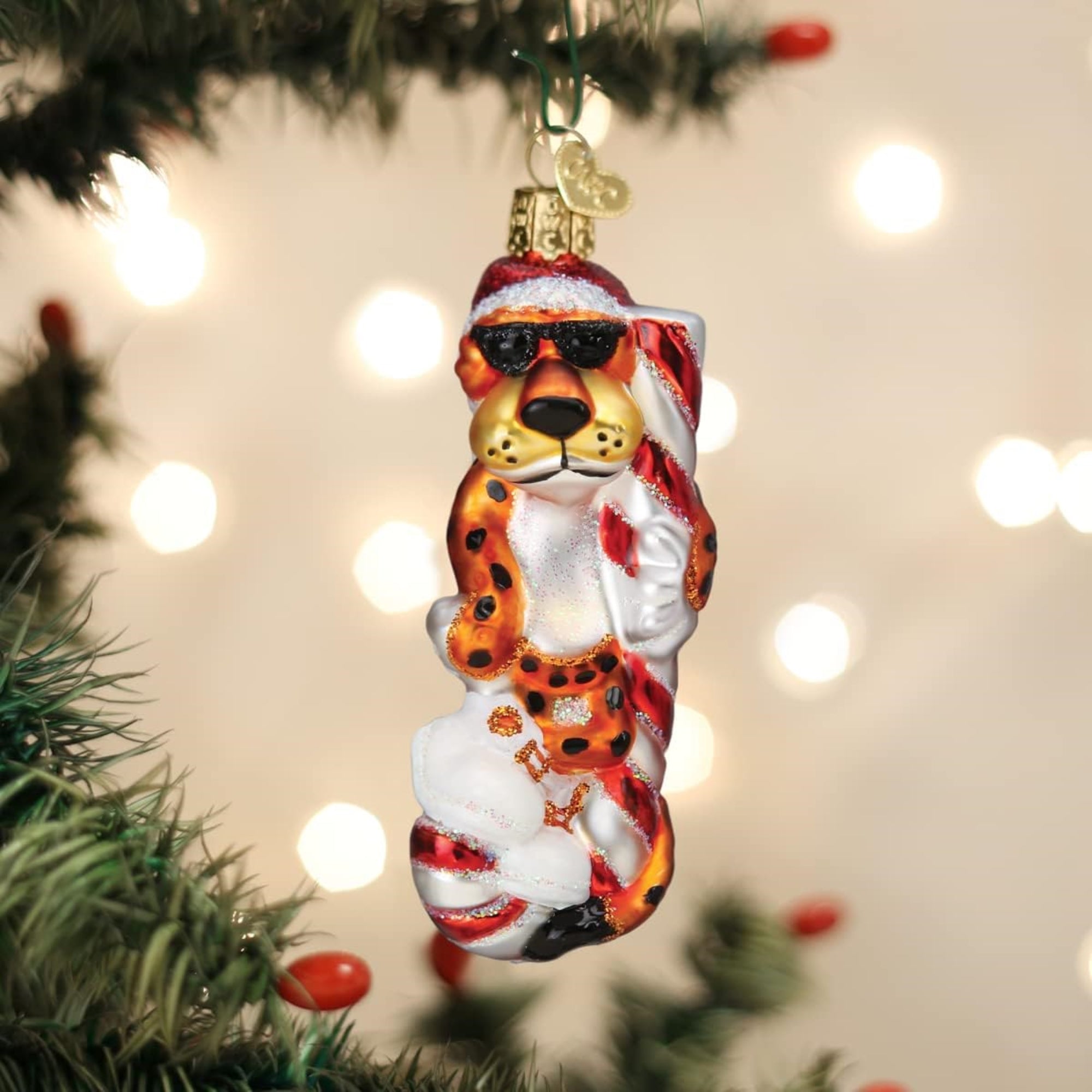 Old World Christmas Chester Cheetah On Candy Cane Blown Glass Holiday Ornament