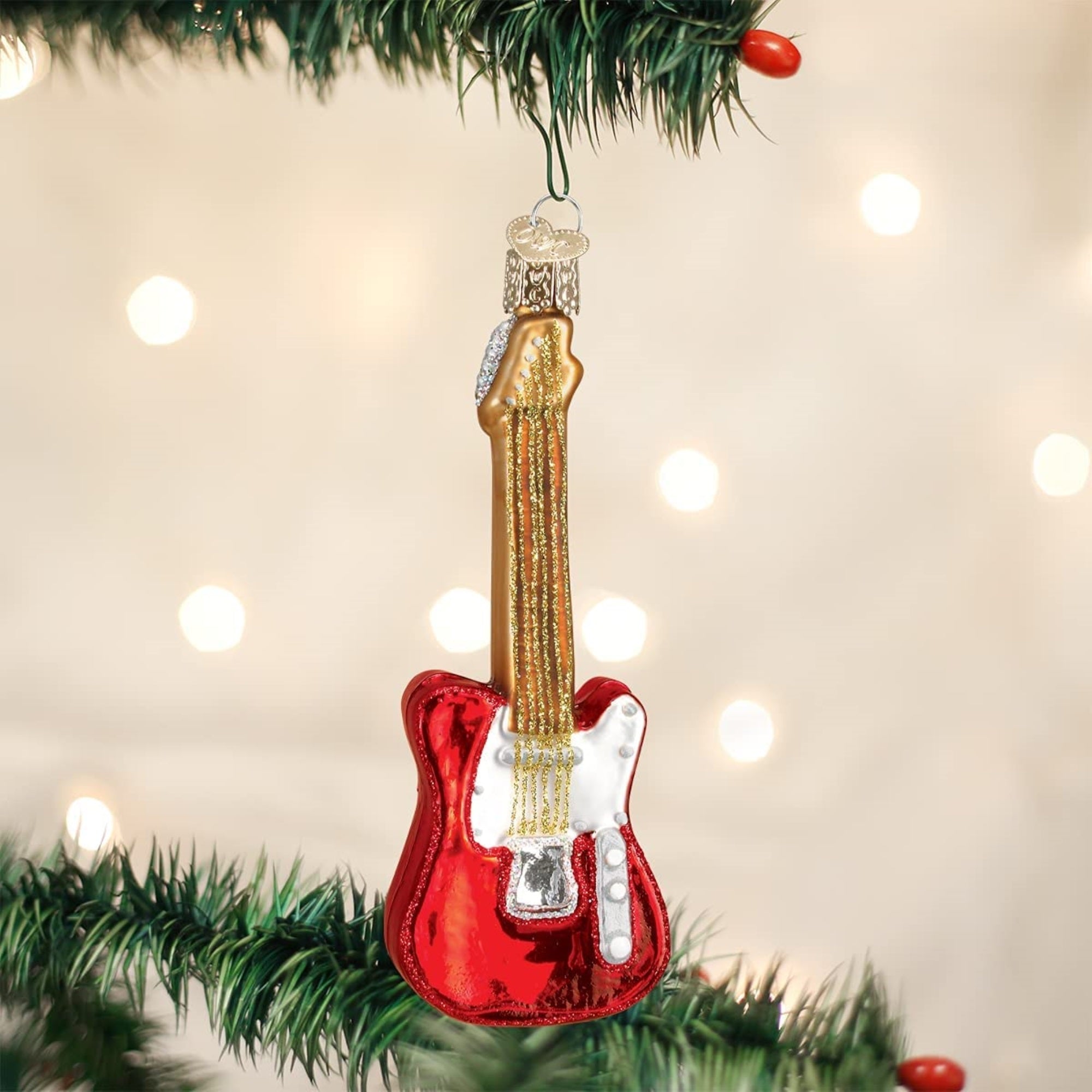 Old World Christmas Glass Blown Tree Ornament, Red Electric Guitar
