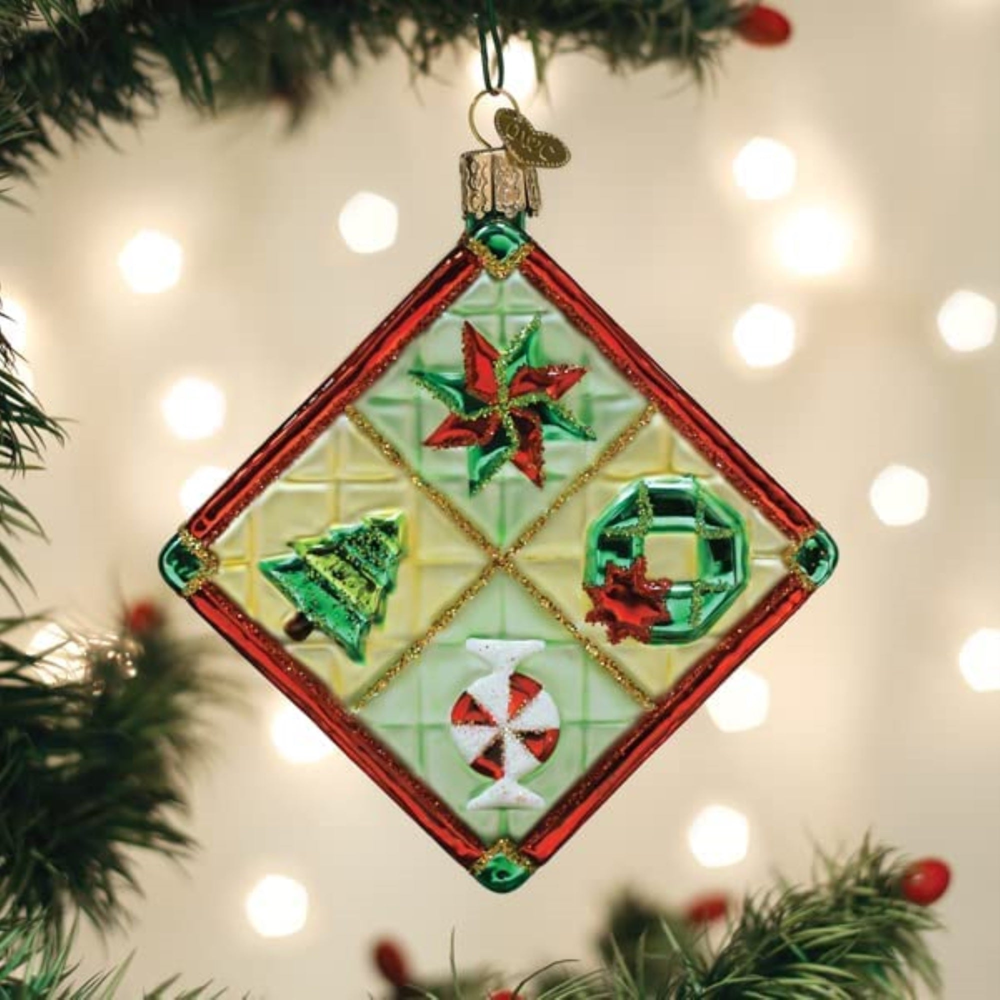 Old World Christmas Glass Blown Tree Ornament, Christmas Quilt