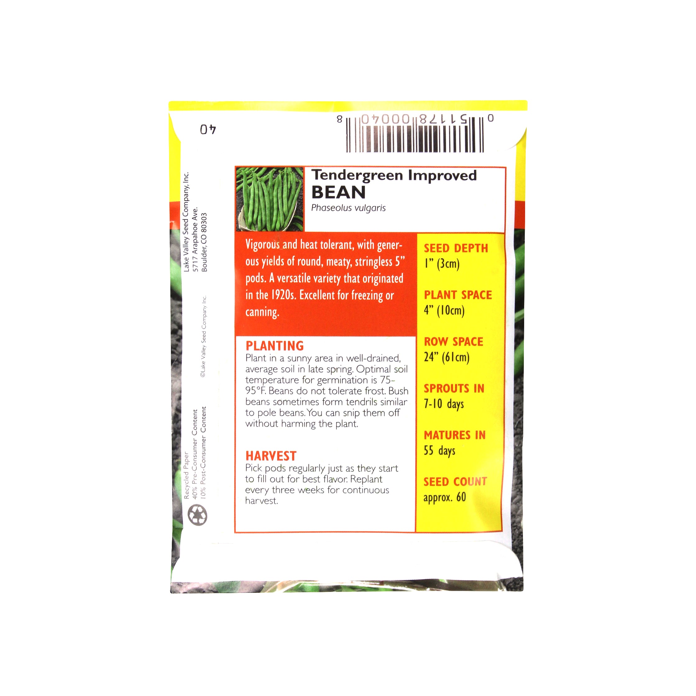 Lake Valley Seed Tendergreen Improved Bean Vegetable, 20g