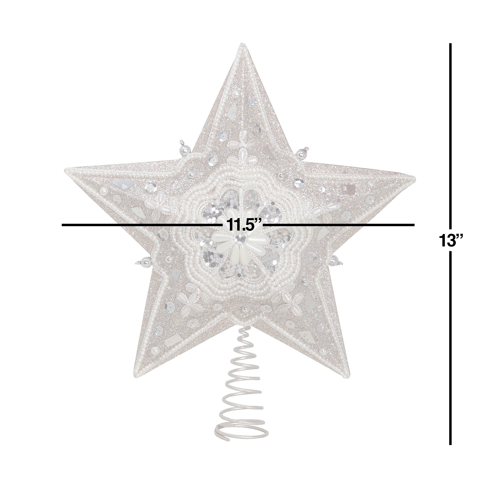 Kurt Adler Star Treetop with Ivory Pearls and Platinum Glass Glitter 13.5"