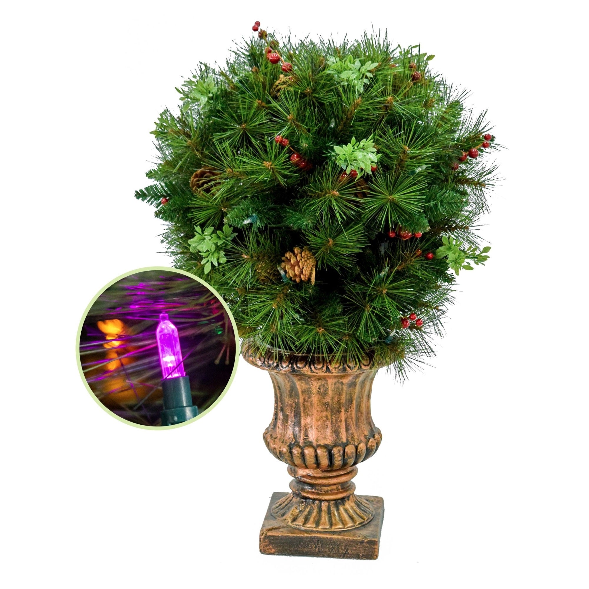 Garden Elements Battery Operated Christmas Compact Ball Porch Tree in Bronze Container with Pinecones and Berries, 220 Tips, 70 Lights 20" D x 30" H