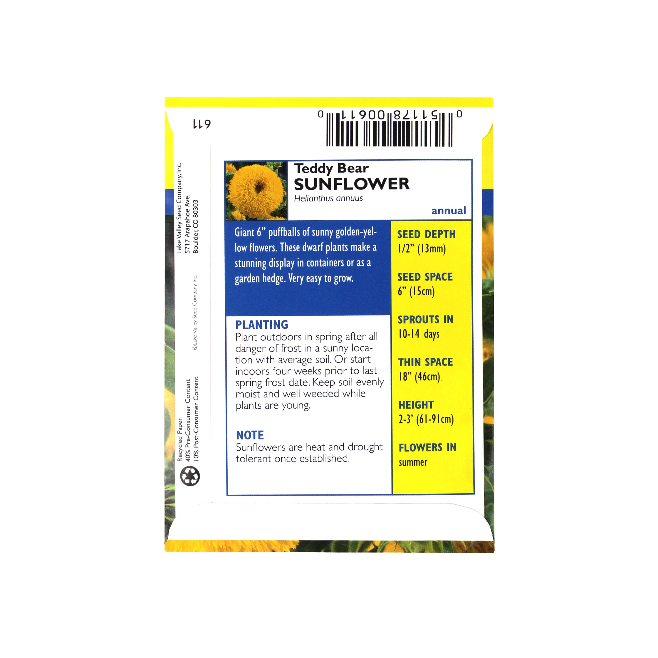 Lake Valley Seed Sunflower, Teddy Bear Heirloom, 1g