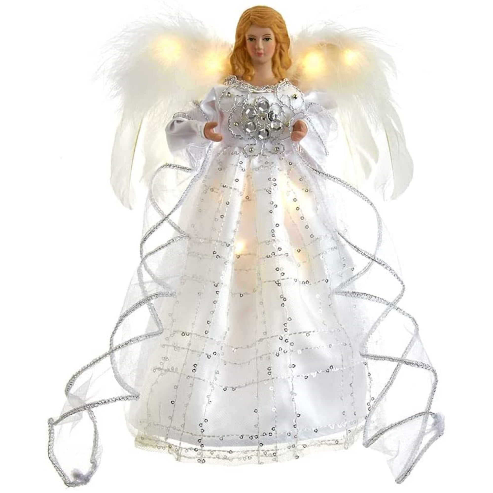 Kurt Adler Battery Operated Silver and White Fairy Light LED Angel Treetop, 10"