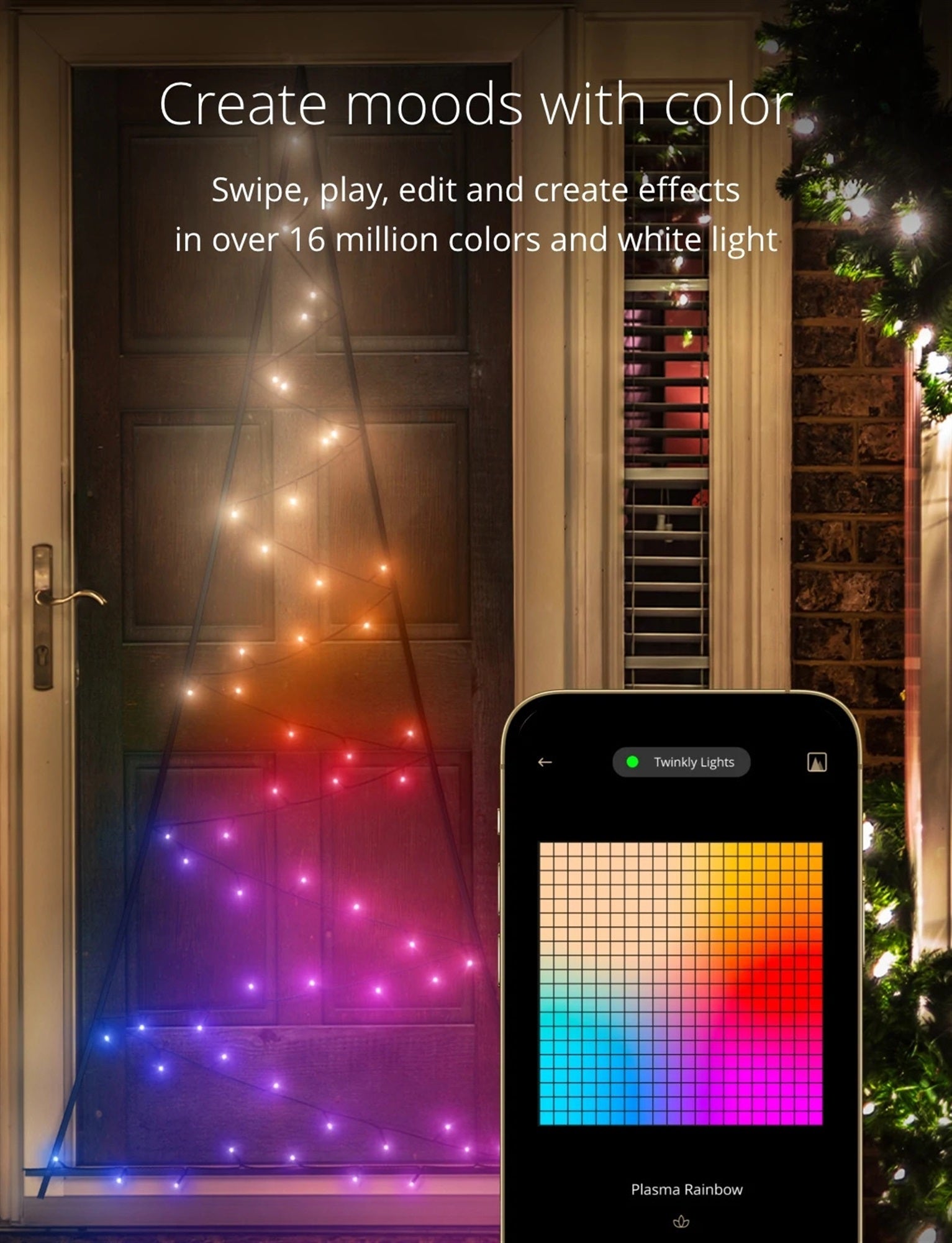 Twinkly Light Tree App Controlled Black Wire Door Mounting Christmas Tree Indoor and Smart Home Lighting Decoration, Multicolor, 70 RGB and White LED, 6.5ft
