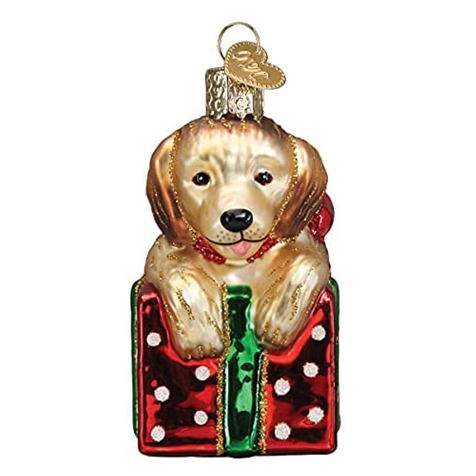 Old World Christmas Glass Golden Puppy Surprise Christmas Tree Ornament