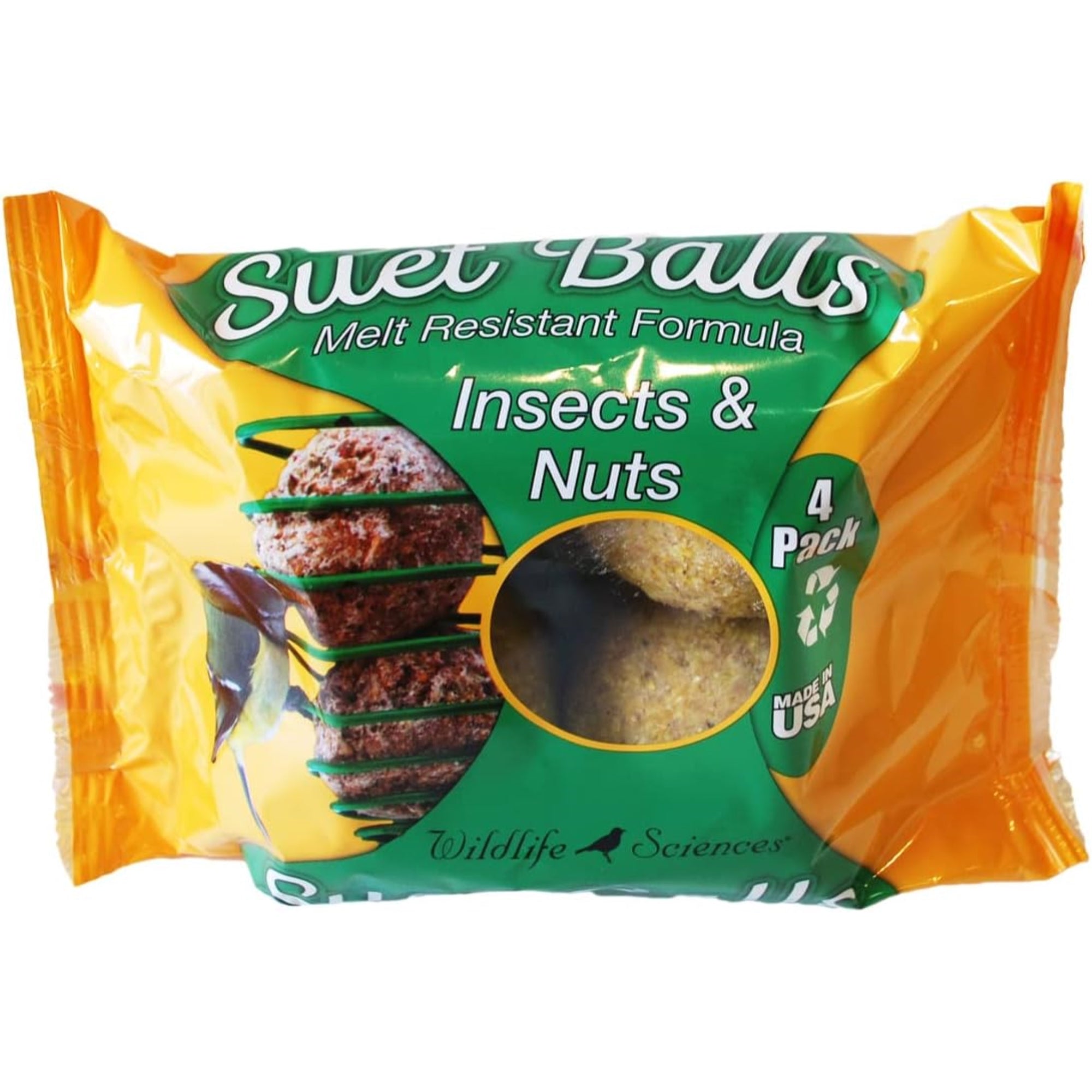 Wildlife Sciences Insects & Nuts Suet Balls For Wild Birds, Melt Resistant Formula (4 Per Pack)