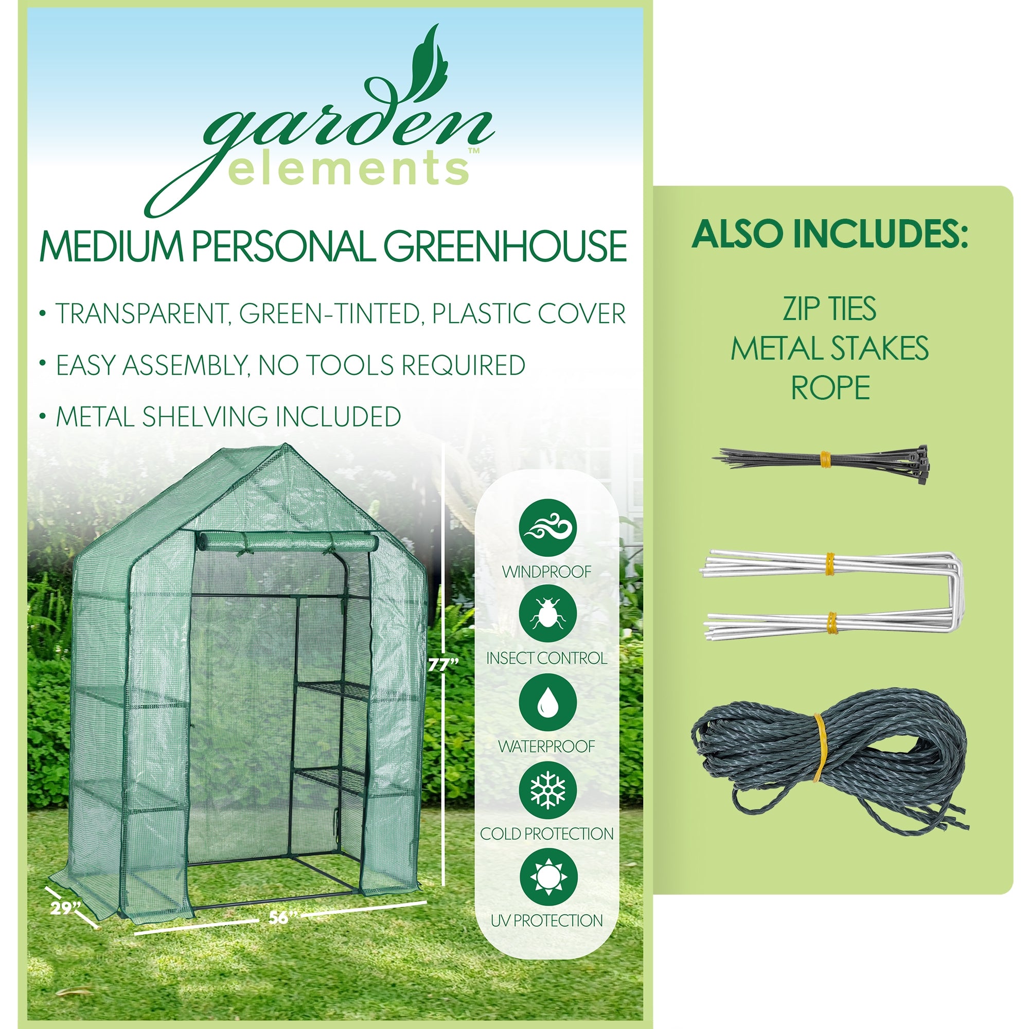 Garden Elements Personal Plastic Indoor/Outdoor Standing Greenhouse For Seed Starting and Propagation, Frost Protection, Green, Medium 56" x 29" x 77"