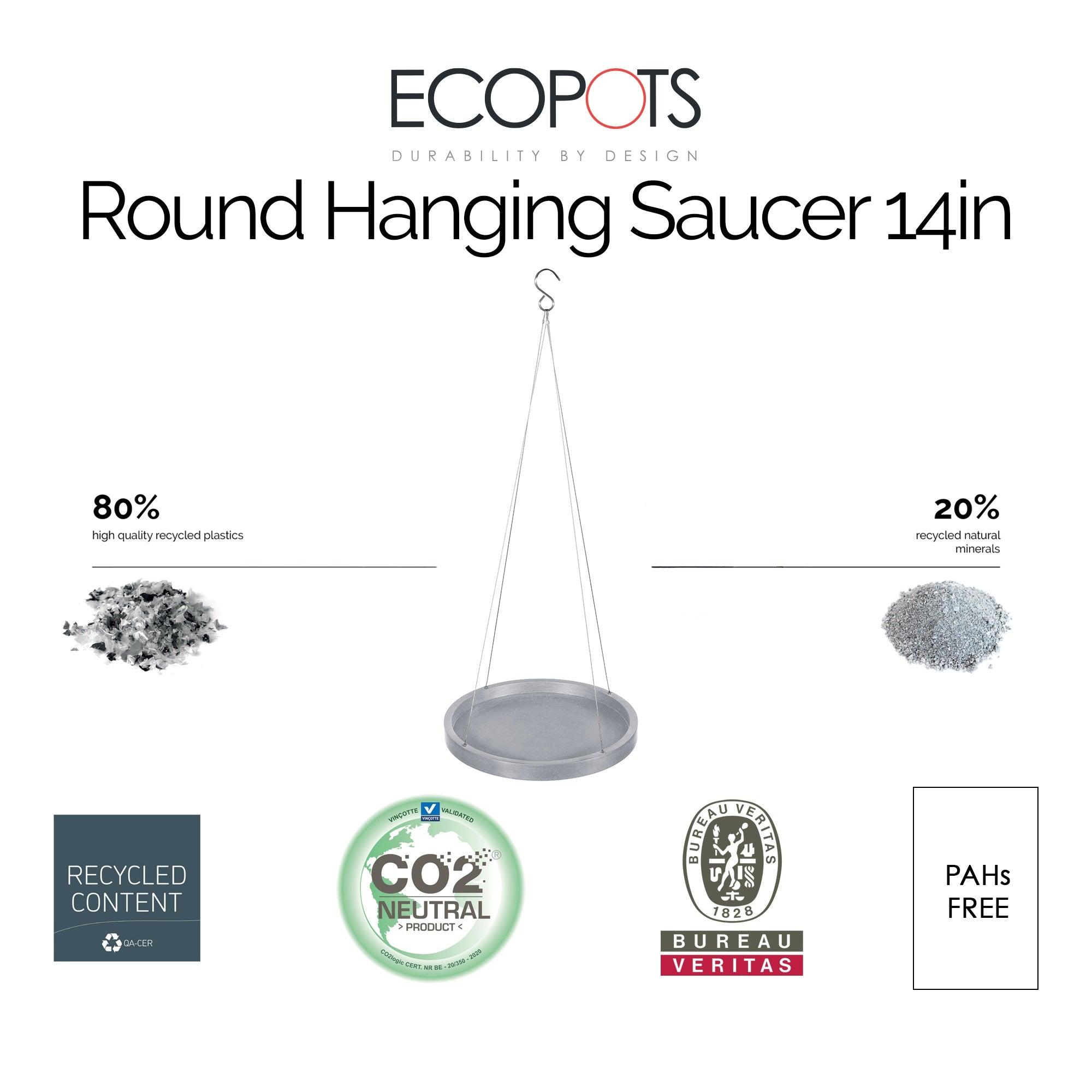 Ecopots Indoor/Outdoor Round Recycled Plastic Modern Hanging Saucer, 14"