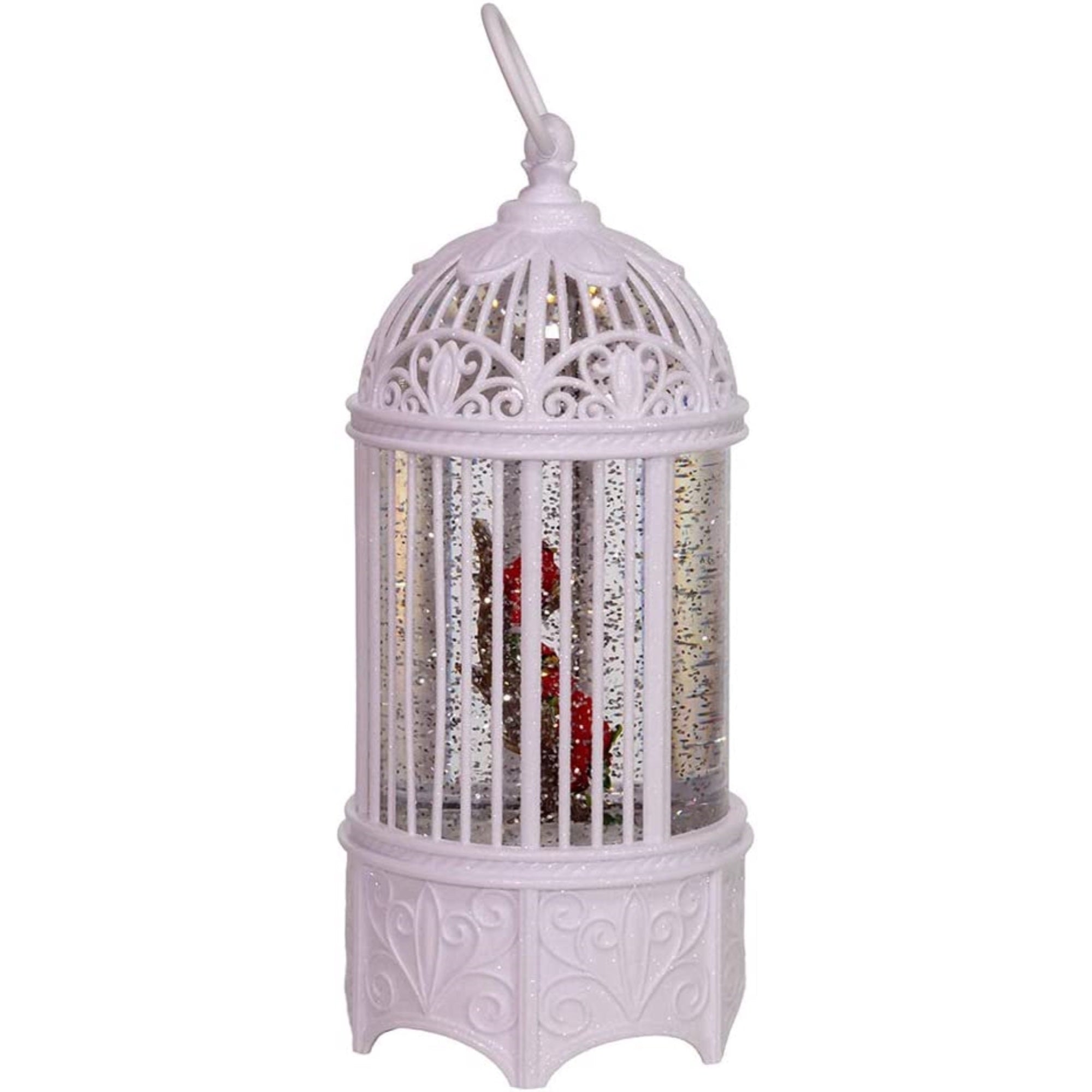 Kurt S. Adler Battery-Operated LED Swirl Cardinals Bird Cage Water Lantern, White, 10"