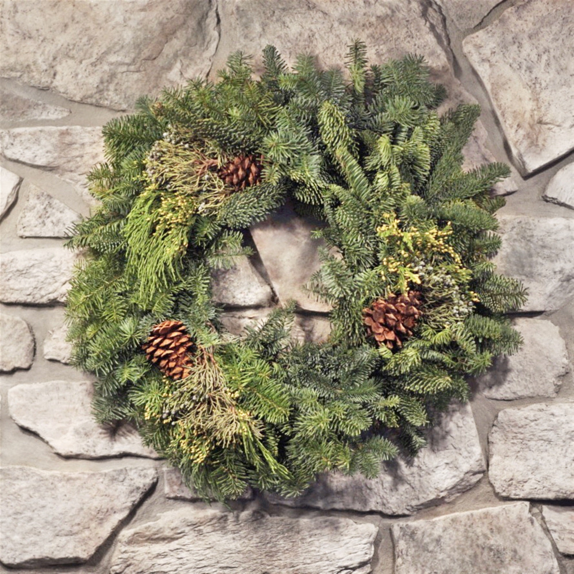 Garden Elements Fresh Holiday Christmas Noble Mixed Greens and Cones Wreath, 24"