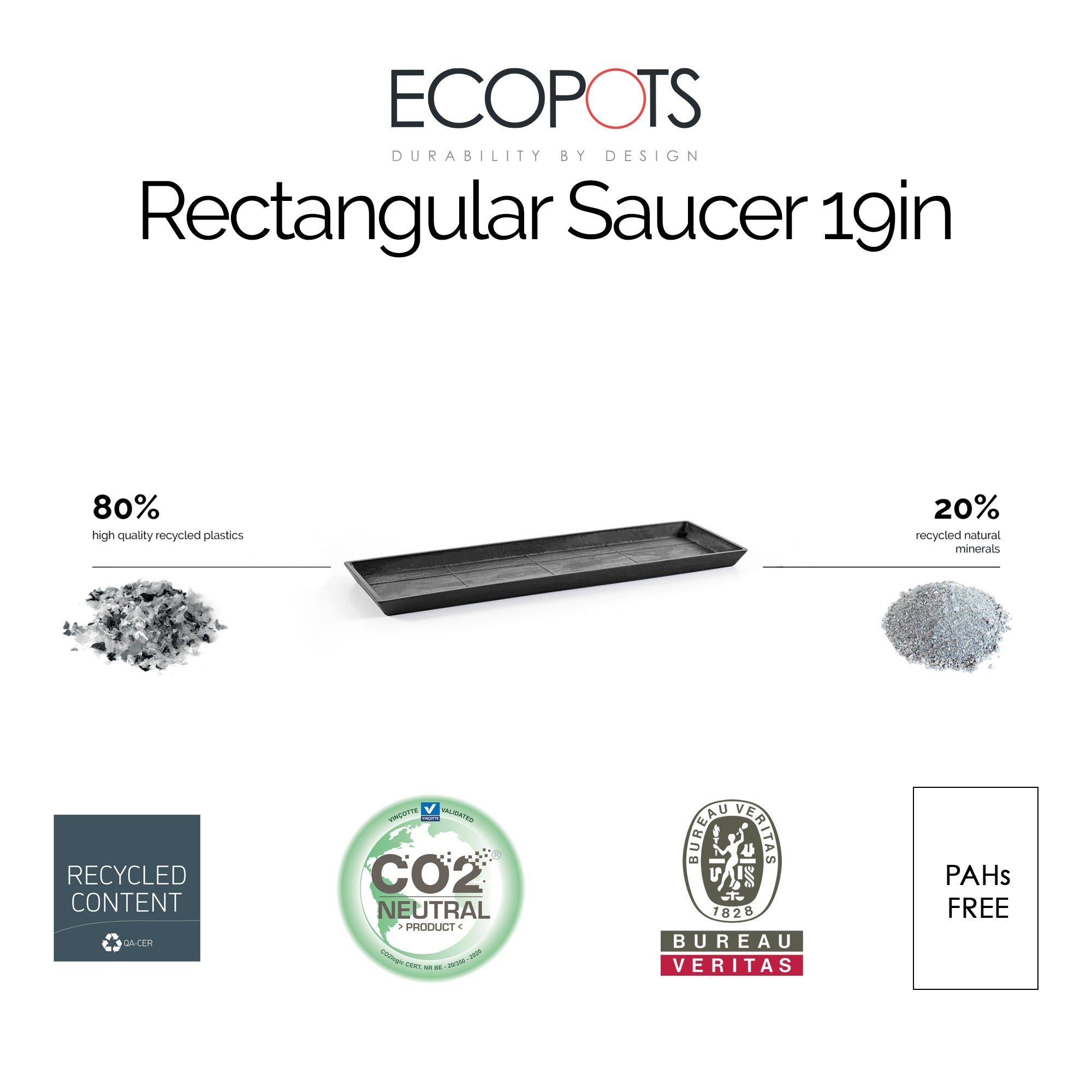 Ecopots Rectangular In/Outdoor Recycled Plastic Planter Flowerpot Saucer, Dark Grey, 17.7"