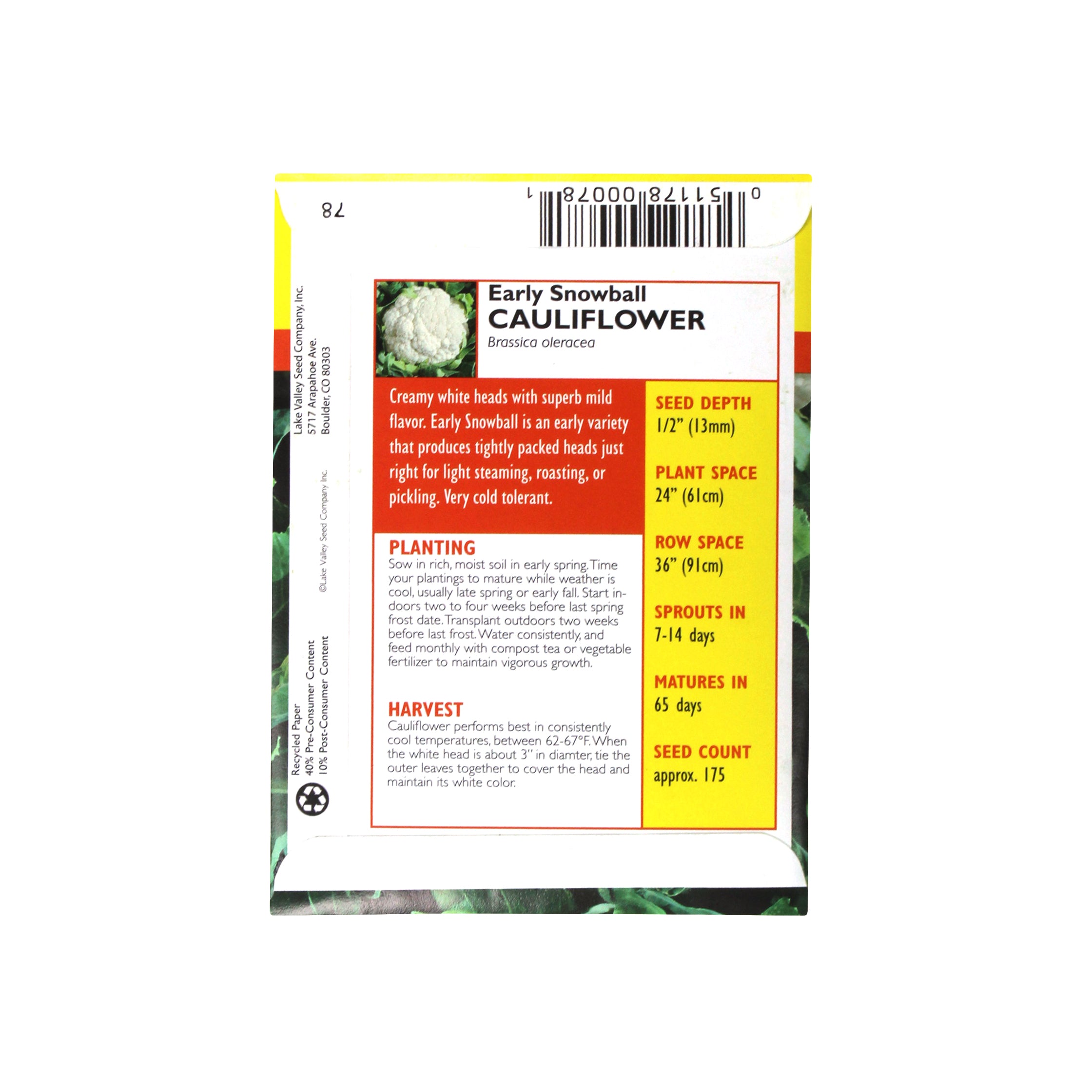 Lake Valley Seed Cauliflower Early Snowball Heirloom Vegetable, 0.75g