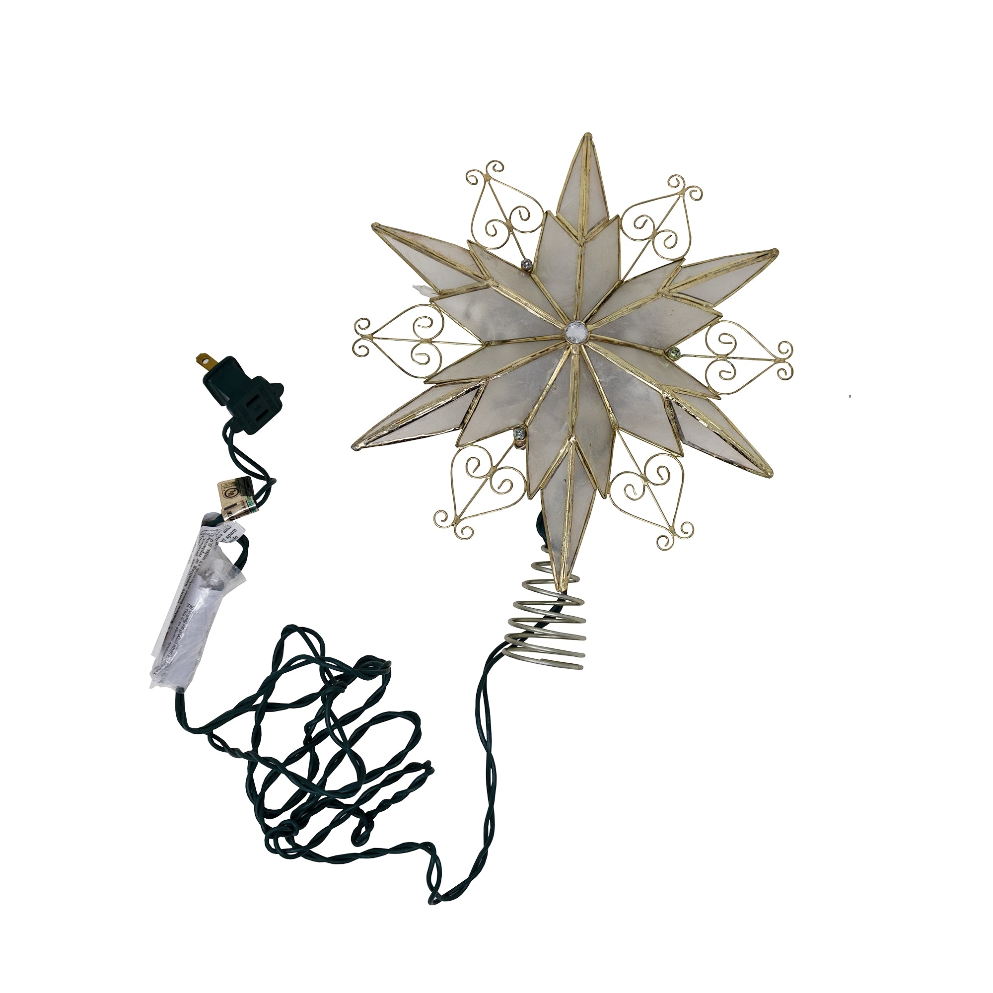 Kurt Adler 10-Light 6 Point Capiz Star w/ Scroll Design Lighted Treetop Star, 9"