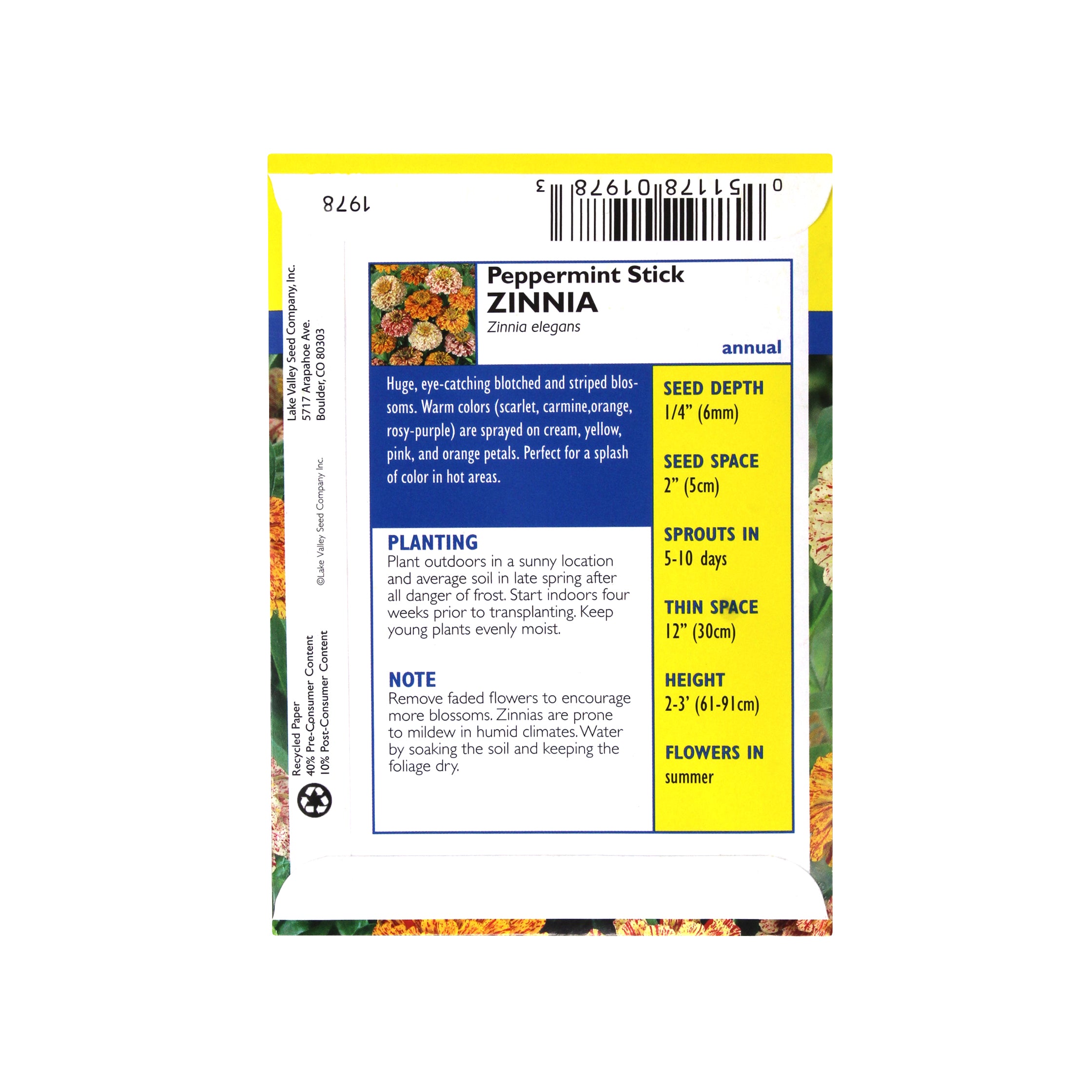 Lake Valley Seed Zinnia Peppermint Stick Mixed Colors Heirloom Flower, 0.75g